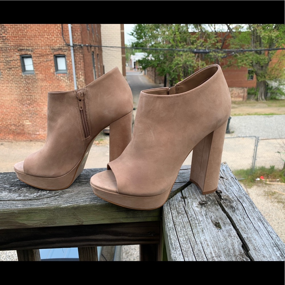 Tan Faux Suede Cut Off Ankle Heels